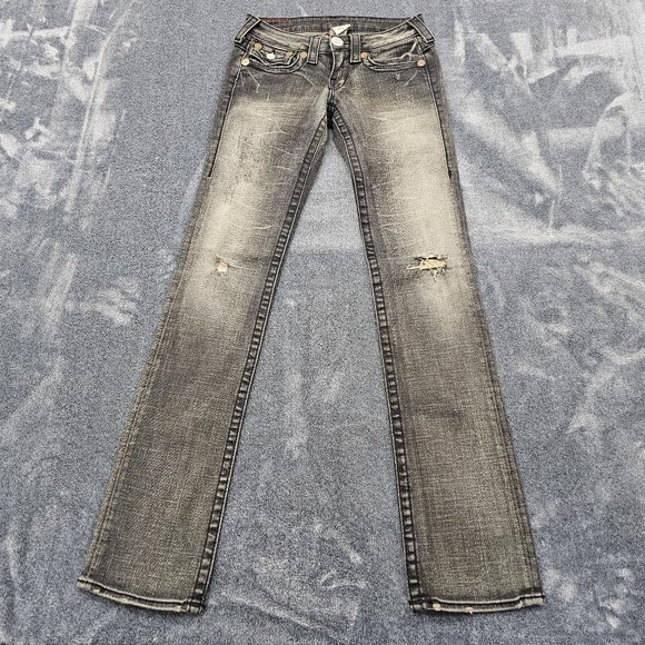 True Religion Billy Big T Jeans womens 26 Black Stretch Flap pockets distressed - Picture 1 of 16